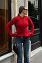 Red Coated Buttoned Crew Neck Ribbed Women's Knitwear Cardigan - 3