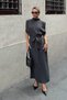 Smoked Half Bat Sleeve Stand Collar Belted Women's Knitwear Dress - 3