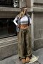 Khaki Extra Loose Leg Women's Parachute Pants with Elastic Waist and Cuffs and Cargo Pockets - 3