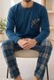 Navy Blue Green Plaid Patterned Elegant Men's Pajama Set - 4