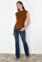 Brown Stand Collar Drawstring/Drape Detail Fitted/Body Seated Asymmetrical Knitted Blouse Twoss24Bz00534 - 2