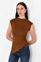 Brown Stand Collar Drawstring/Drape Detail Fitted/Body Seated Asymmetrical Knitted Blouse Twoss24Bz00534