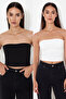 Black-Ecru 2'Li Paket Fitted Crop Stretchy Knitted Blouse Twoss24Bz00600 - 2