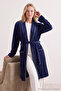 Navy Belted Piped Pocketed Velvet Knit Robe THMAW25SB00018 - 3