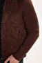 Men's relaxed fit stand collar zip-up lined faux suede knit jacket with side pockets - brown - 9