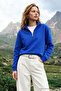 Women's Relax Fit Comfortable Cut Cotton Fleece Lined Half Zipper Sax Blue Stand Collar Sweatshirt - 3
