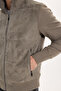 Men's Relax Fit Comfortable Cut Stand Collar Zippered Lined Suede Look Knitwear Sleeve Pocket Gray Coat - 4