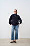Women's Collar Denim Detail Sweat Navy Blue