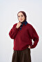 Women's Collar Denim Detail Sweatshirt Burgundy - 9