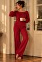 Women's Red Cotton Long Sleeve Pajama Set with Black Stripe Detail - 3