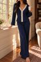 Women's Navy Blue Cotton Lace Detailed Long Sleeve Pajama Set - 2