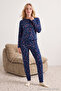 Lacivert %100 Pamuklu Yılbaşı Temalı Örme Pijama Takımı THMAW21PT0771 - 3