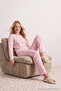 Pembe Pamuk Karışımlı Çiçekli Fitilli Örme Pijama Takımı THMAW25PT00194 - 4