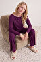 Mauve Collar Detail Waist Folded Knit Pajama Set THMAW26PT00151 - 3
