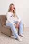 Kadın Family/Aile Beyaz %100 Pamuklu Çizgili Ayıcıklı Örme Pijama Takımı THMAW25PT00171 - 4