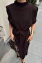 Brown Half Batwing Sleeve High Collar Belted Women's Knitwear Dress - 4