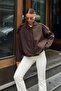 Brown Polo Collar Women's Bomber Jacket with Zipper and Placket Detail - 3