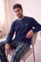 Green Navy Blue Plaid Patterned Fleece Men's Pajama Set - 3