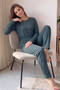 Green Minimalist Printed Bamboo Long Sleeve Women's Pajama Set - 3