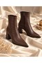 Fv507A Women's Bitter Brown Leather Pointed Toe Thick Block Heeled Zippered Short Boots - 5