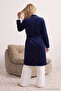 Navy Belted Piped Pocketed Velvet Knit Robe THMAW25SB00018 - 4