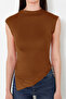 Brown Stand Collar Drawstring/Drape Detail Fitted/Body Seated Asymmetrical Knitted Blouse Twoss24Bz00534 - 5