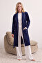 Navy Belted Piped Pocketed Velvet Knit Robe THMAW25SB00018 - 2