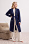 Navy Belted Piped Pocketed Velvet Knit Robe THMAW25SB00018