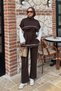 Women's Stripe Detail Double Pocket Look Waist Tie Suit Brown - 5