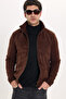 Men's relaxed fit stand collar zip-up lined faux suede knit jacket with side pockets - brown - 7