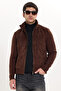 Men's relaxed fit stand collar zip-up lined faux suede knit jacket with side pockets - brown