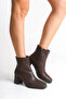 Women's Brown Leather Blunt Toe Heeled Boots - 3
