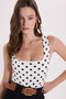 Women's Standard Fit Regular Cut Strappy U-Neck Polka Dot White Bodysuit with Snap Buttons at the Bottom - 3