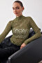 Khaki Fitted Raglan Sleeve Lace Long Sleeve Stretchy Knitted Blouse Twoaw26Bz00048
