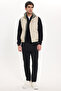 Men's Relax Fit Comfortable Cut Stand Collar Hidden Zipper Covered and Snap Fastener Double Pocket Inflatable Beige Vest - 2