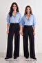 Siyah Kemerli Pilili Wide Leg/Extra Geniş Paça Dokuma Palazzo Pantolon TWOAW25PL00032 - 2
