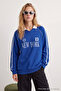 Cobalt Blue City Printed Thick Fleece Lined Oversize Polo Collar College Knitted Sweatshirt Twoaw27Sw00167 - 2