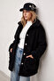 Women's Black Double Pocket Buttoned Front Oversize Plush Jacket Alc-X11149