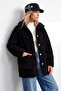 Women's Black Double Pocket Buttoned Front Oversize Plush Jacket Alc-X11149 - 2