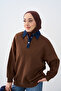 Women's Collar Denim Detail Sweatshirt Brown - 9