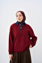 Women's Collar Denim Detail Sweatshirt Burgundy - 8