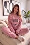 Women's Pink Meow Patterned Full Plush Pajama Set - 3
