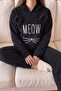 Black Meow Patterned Full Plush Pajama Set - 4