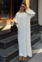 Beige Crew Neck Braided Women's Knitwear Midi Dress