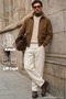 Men's regular fit comfortable cut zippered lined double pocket detailed brown jacket