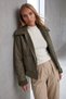 Women's Khaki Double Pocket Faux Leather Biker Jacket with Fur Inside Prm0408 - 5