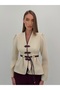 Avelina Belt Detail Blazer with Chinese-Style Buttons and Contrast Trims, Paired with Pants—Cream and Plum Suit - 6