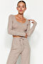 Bej Yumoş Crop ve Wide Leg/Geniş Paça Örme Alt Üst Takım TWOAW23AU00125 - 3