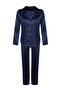 Lacivert Saten Gömlek-Pantolon Dokuma Pijama Takımı THMAW24PT00026 - 9
