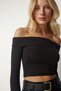 Women's Black Layered Carmen Collar Knitted Crop Blouse TO00086 - 4